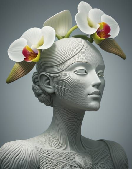 Surreal Giant Orchid Statue with Inner Human Face