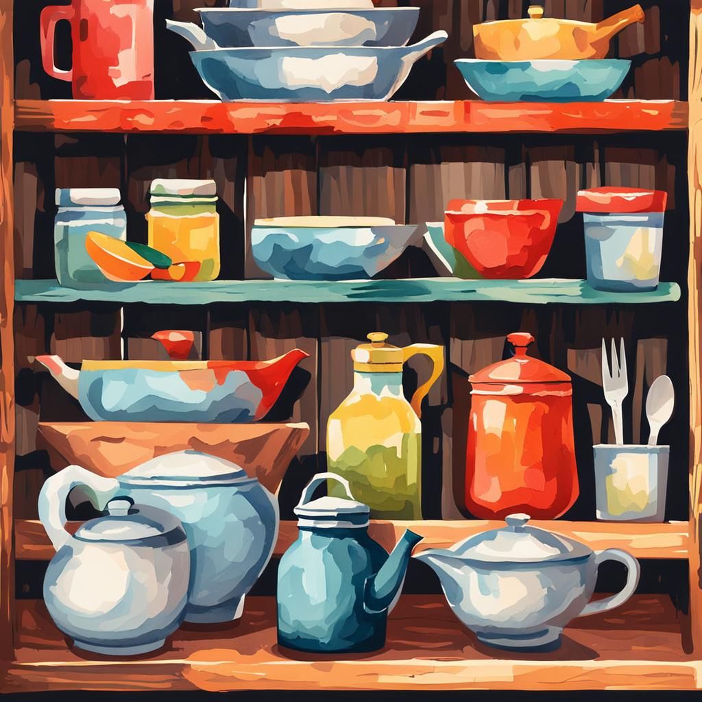 Kitchen Items on Shelf in Gouache Watercolor Style