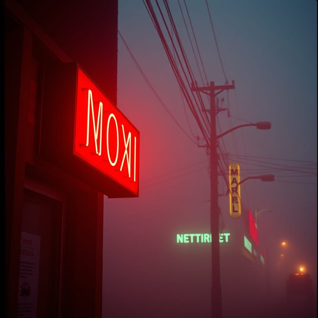 Ethereal Neon Sign Illuminates Dark Urban Landscape