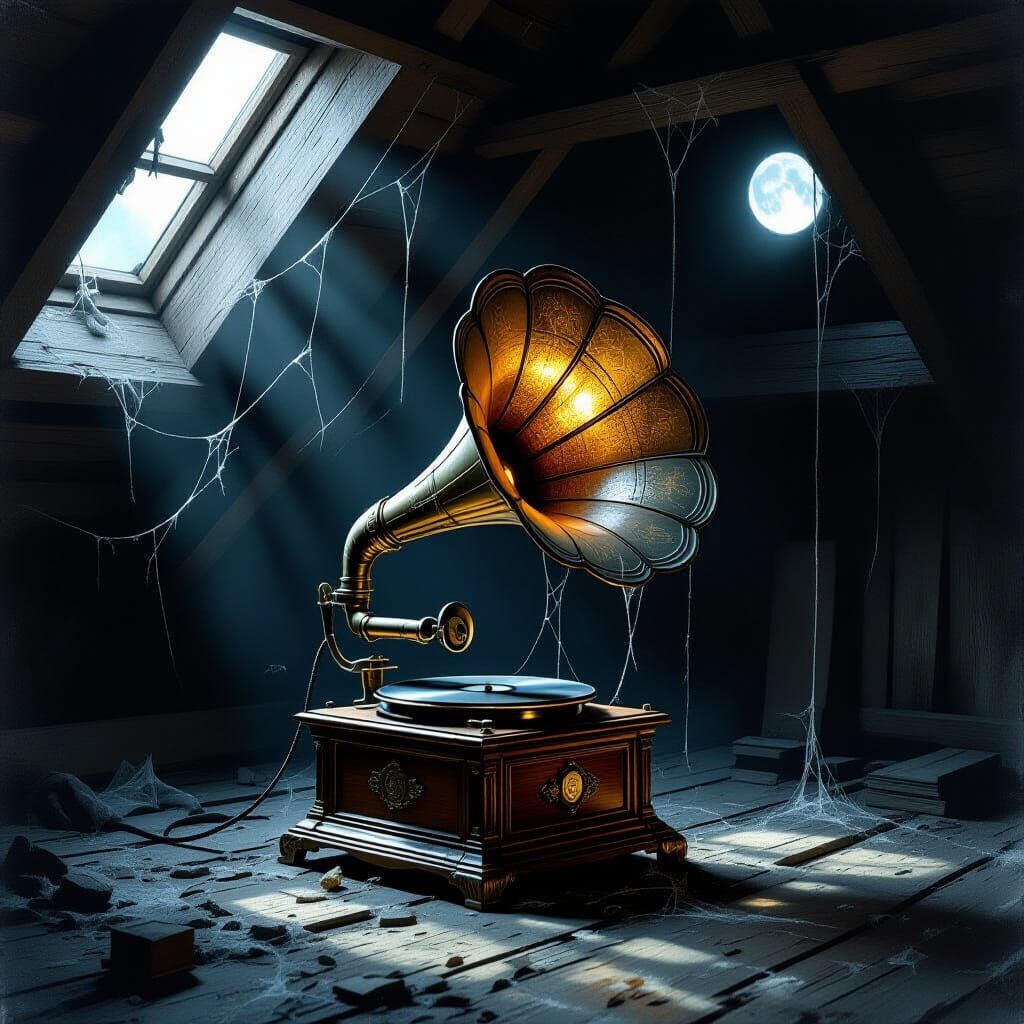 Ancient Gramophone Glows in Dusty Attic, Moonlight Beam