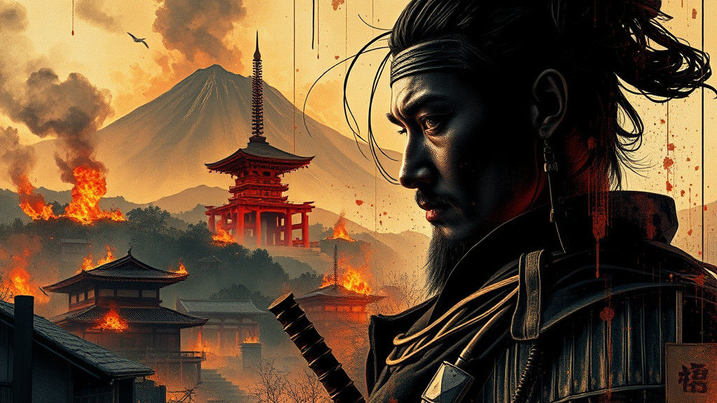 Samurai Portrait in Burning Village, Double Exposure Style