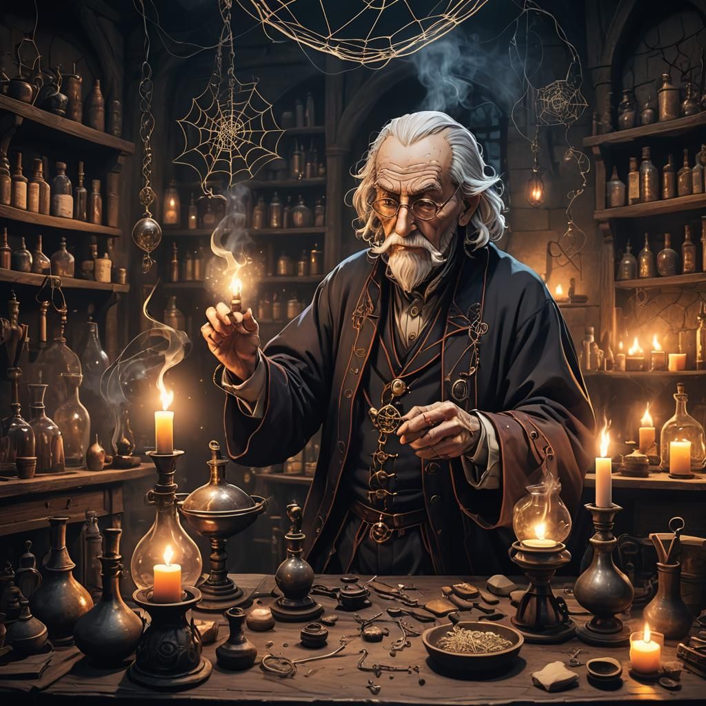 Surreal Anime Alchemist in Medieval Laboratory