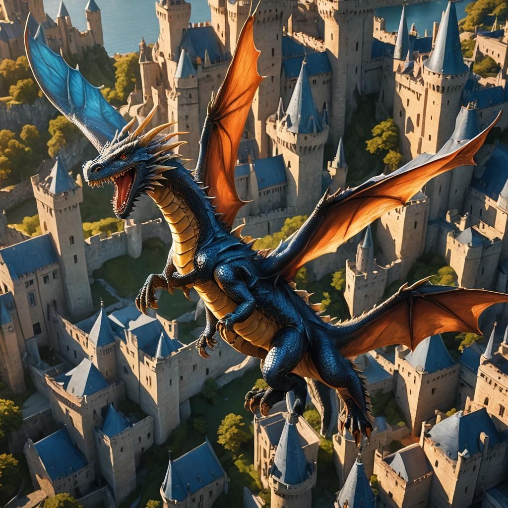 Majestic Dragon Soaring Over Medieval Castle