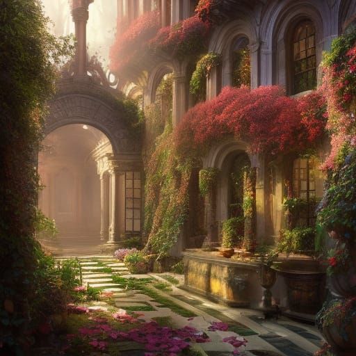 Hyperdetailed Courtyard Garden with Flowering Trellis