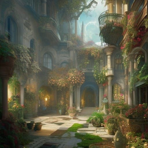 Sunlit Courtyard Garden with Flowering Vines