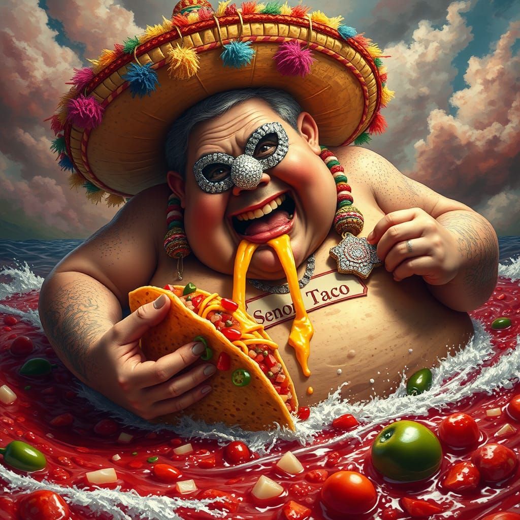 Surreal Fiesta of a Fat Mexican Man in a Vibrant Sombrero Ea...