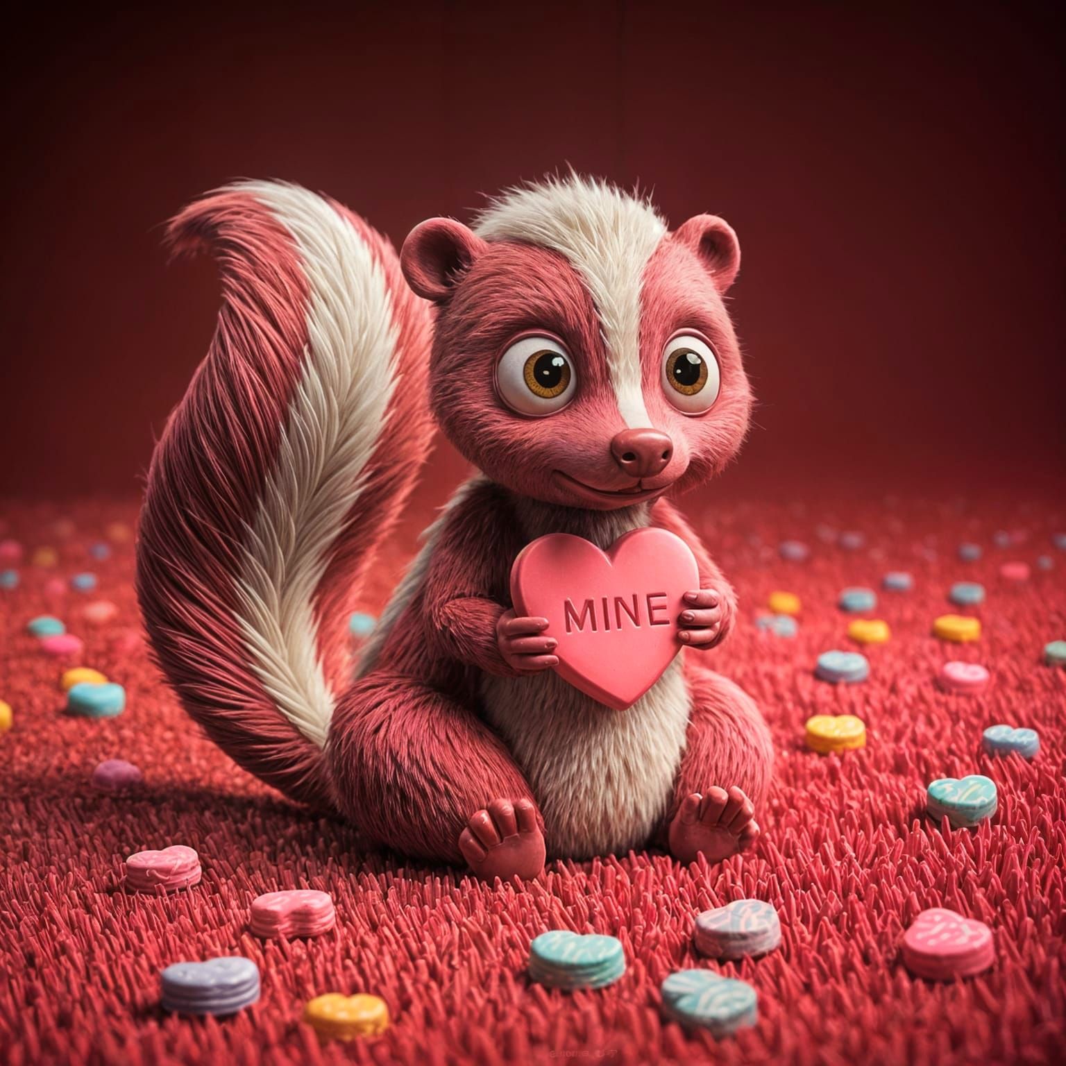 Surreal Pink Skunk in Whimsical Valentine Landscape