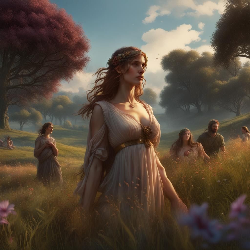 Hebe Overseeing a Meadow in Dark Fantasy Style