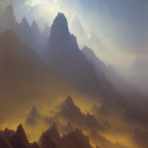 Majestic Mountain Crags in Fog, Luminist Oil Painting