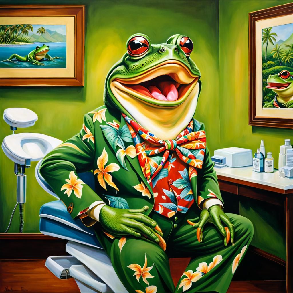 Happy Goliath frog in Hawaiian clothing, at the dentist offi...