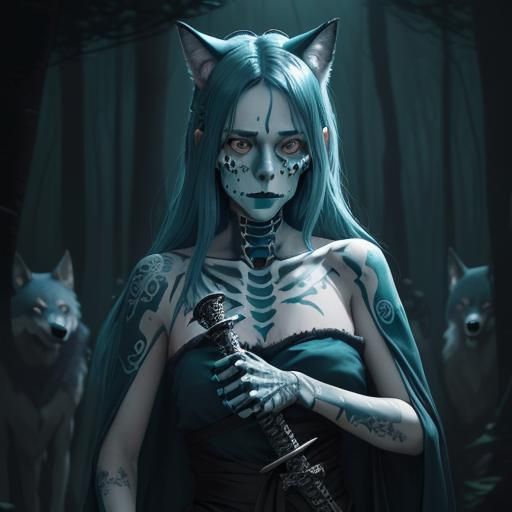 Anime Woman with Wolves in Ghibli Style