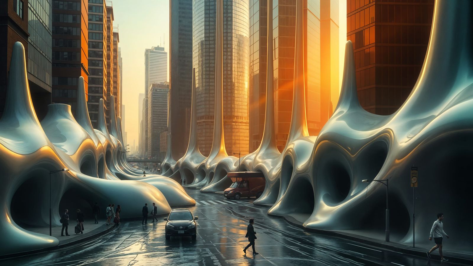 (Abstract surrealist style photo:1.3) of a cityscape where b...