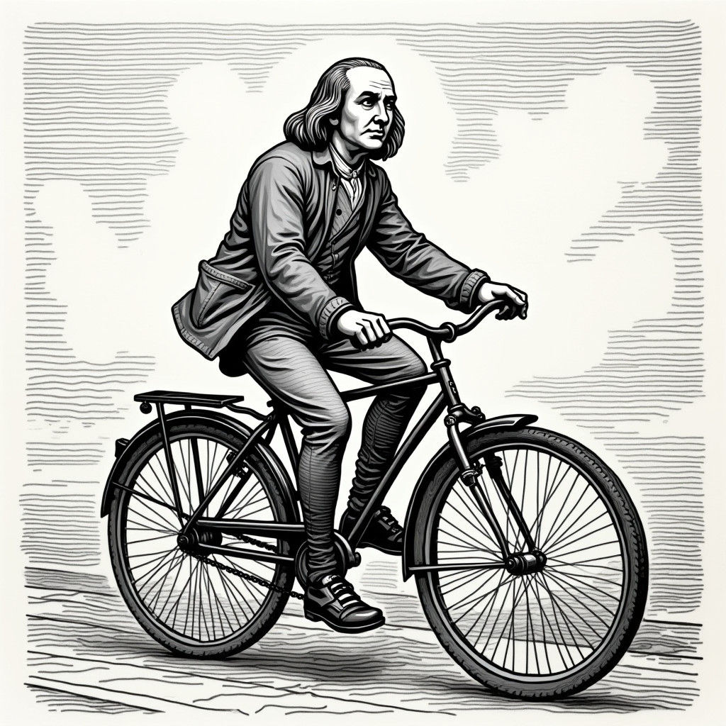 Ben Franklin Rides a Bike: Vintage Woodcut