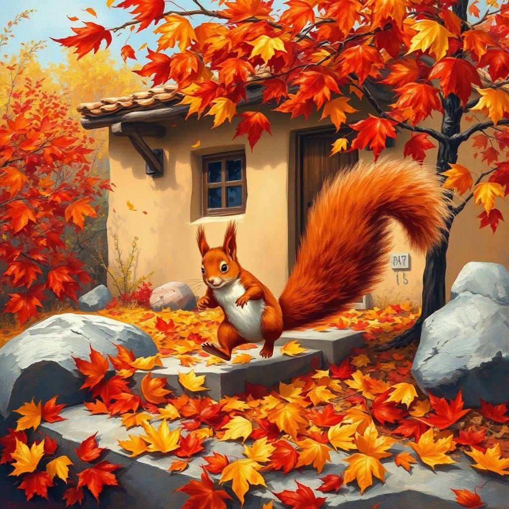 Red Squirrel by Pueblo Casita in Autumn Leaves