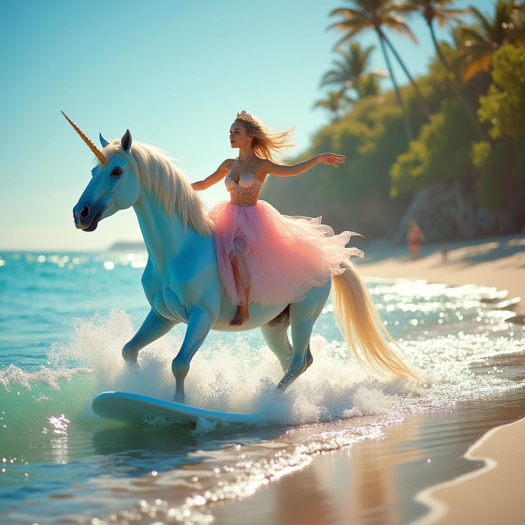 Magical Unicorn and Princess Surfing on Beach