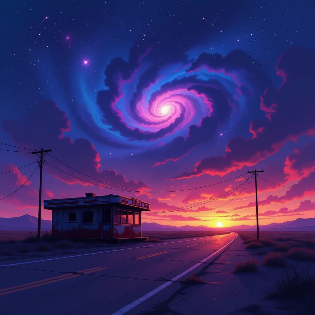 Abandoned 1950s Diner Against Cosmic Nebula