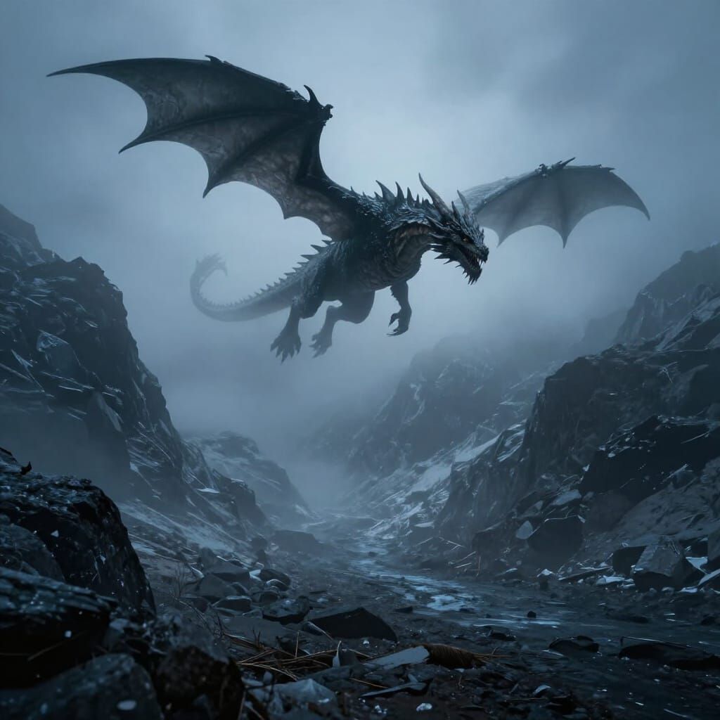 Misty Mountain Pass with Dragon in Dark Fantasy Concept Art ...
