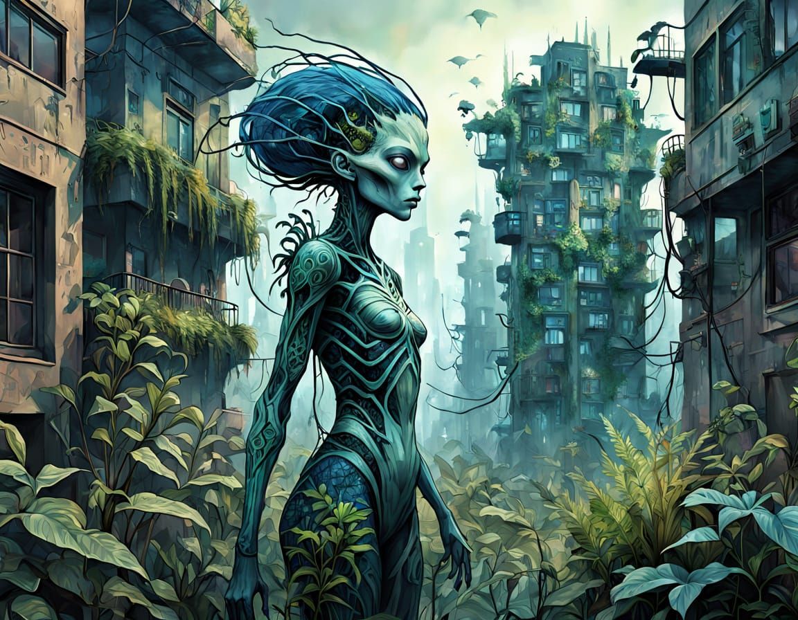 Alien Woman in Overgrown Cityscape, Surreal Digital Painting