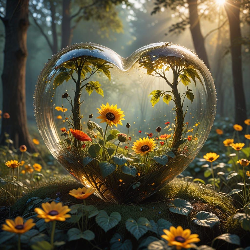 Sunflower Tea Party in Glass Heart, Oil Painting