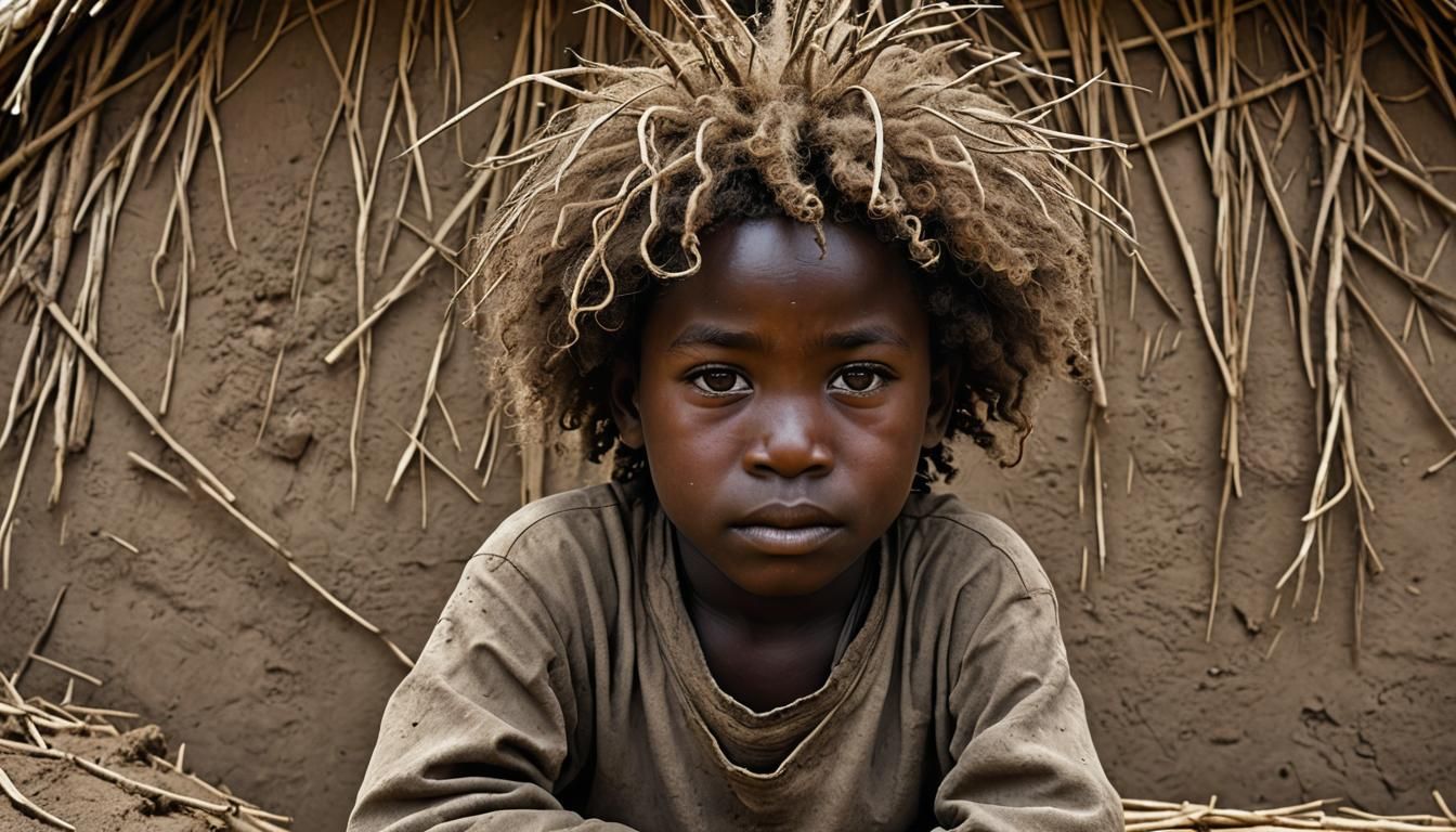 Medieval African Boy Portrait in Village Scene