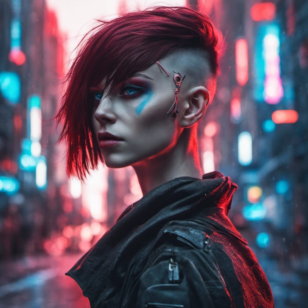 Cyberpunk Girl with Neon Lights and Eyeliner