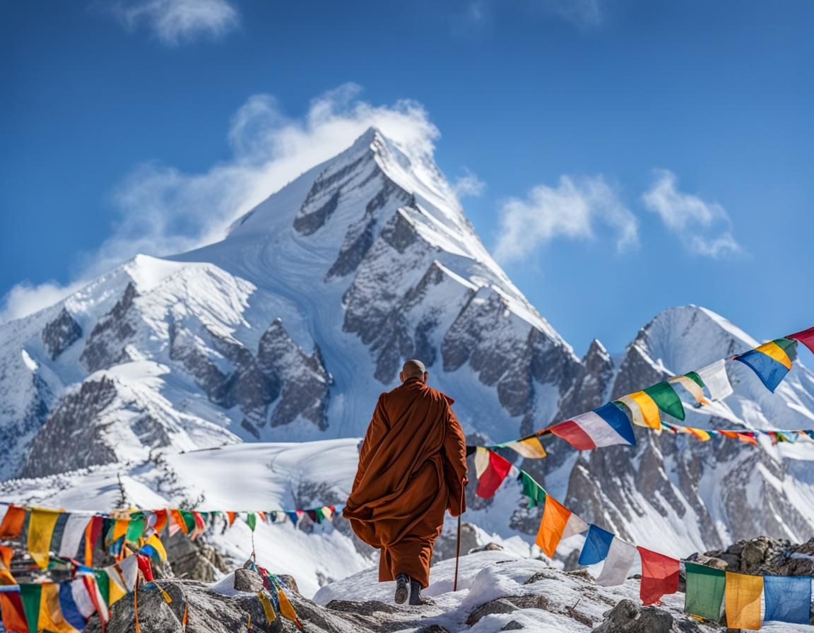 Buddhist Monk Ascends to Mountain Temple with Prayer Flags