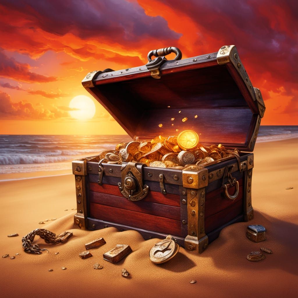 Pirate Treasure Chest on Golden Sand in Oil Painting