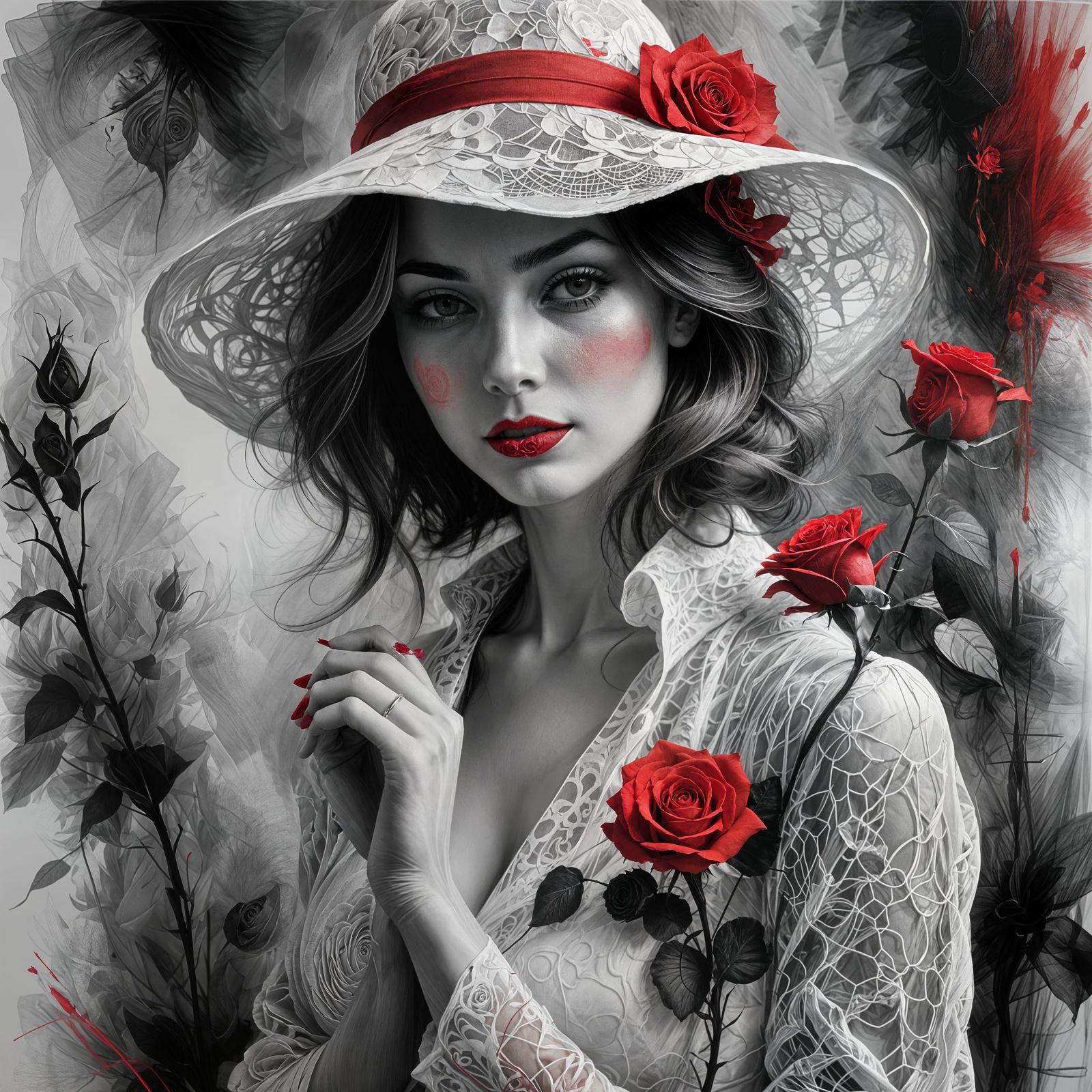 Striking Red Rose with Wide-Brimmed Hat