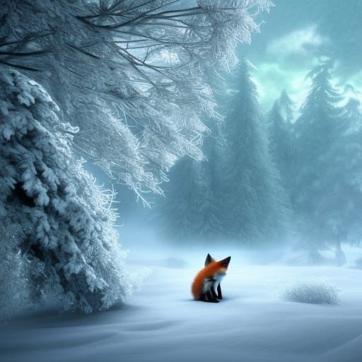 Fox in Snow with Flower: Fantasy Concept Art