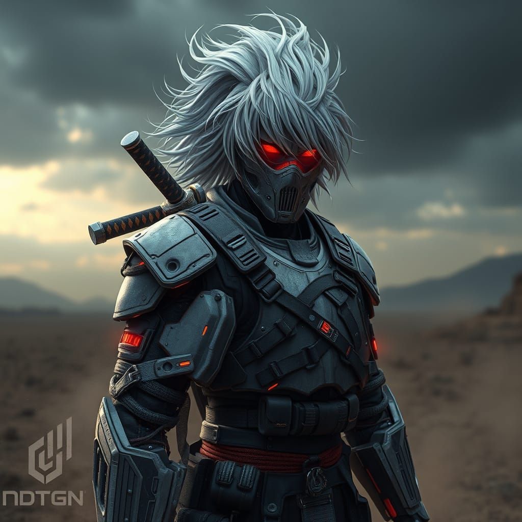 Cybernetic Warrior in Stormy Wasteland Horizon