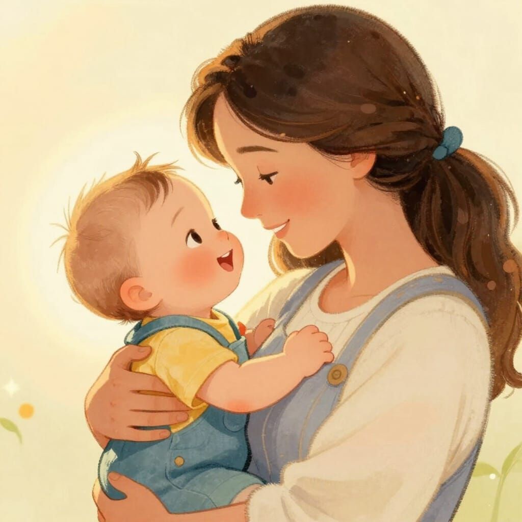 Mother's Love for Baby Son in Children's Book Style