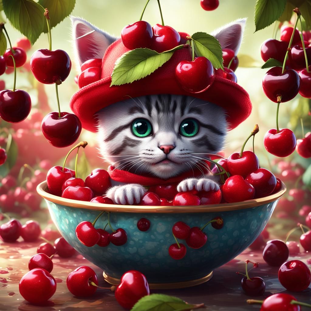 Kitten in Cherry Bowl: Fantastical Matte Painting