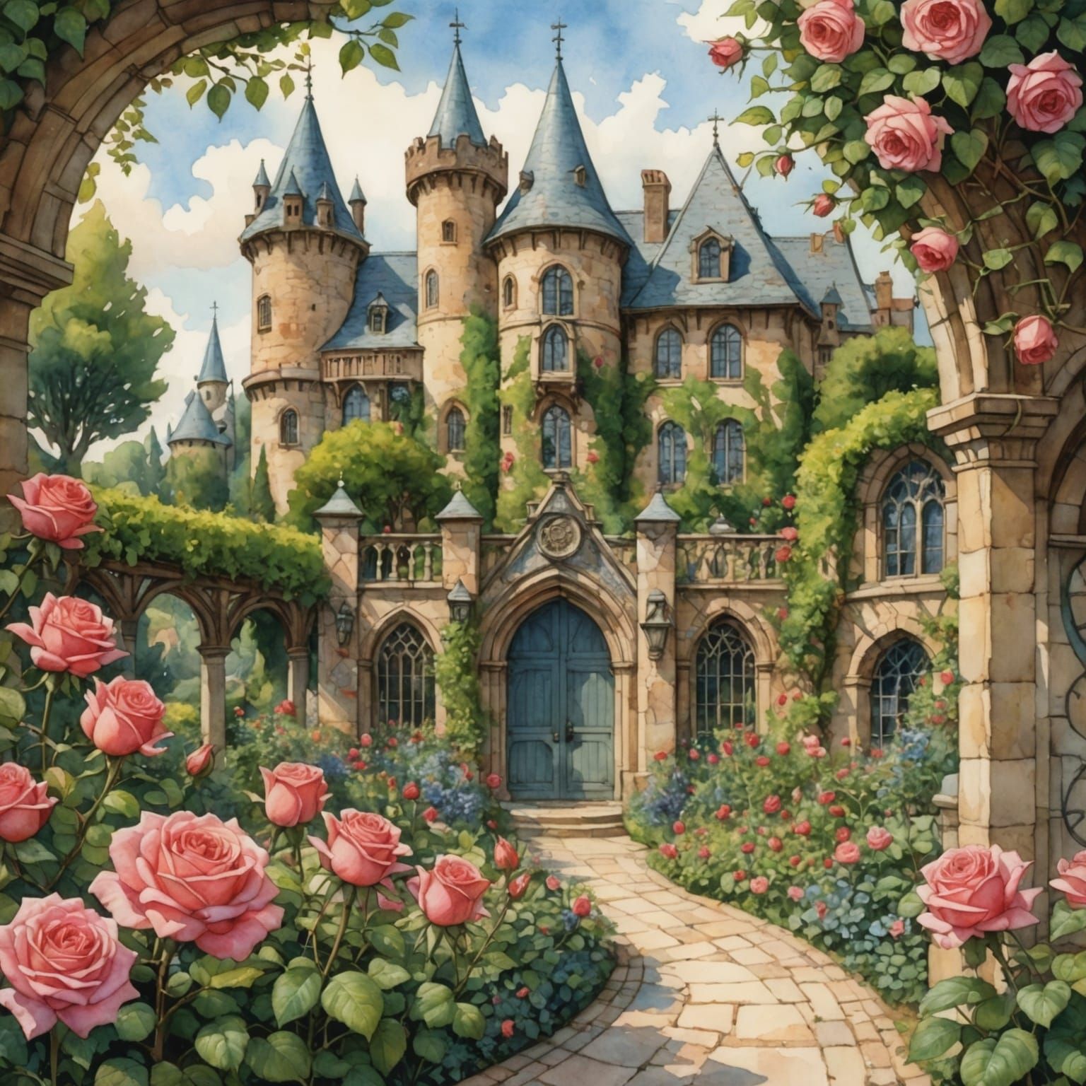Rose Garden at Medieval Castle: Watercolor Anime Style