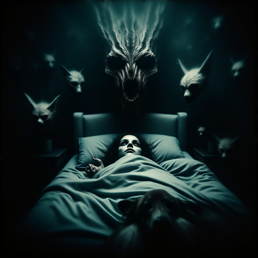 Surreal Dark Fantasy of a Young Girl Surrounded by Monstrous...
