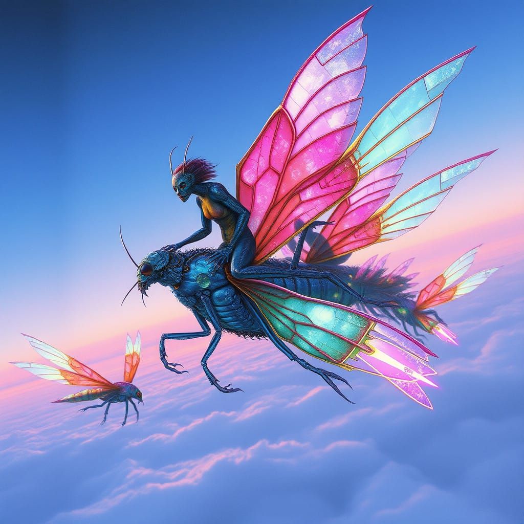 Biomechanical Sky Dwellers Ride Iridescent Insects