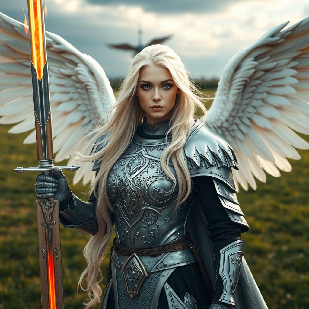 view of a female knight in silver armor wielding a flaming s...