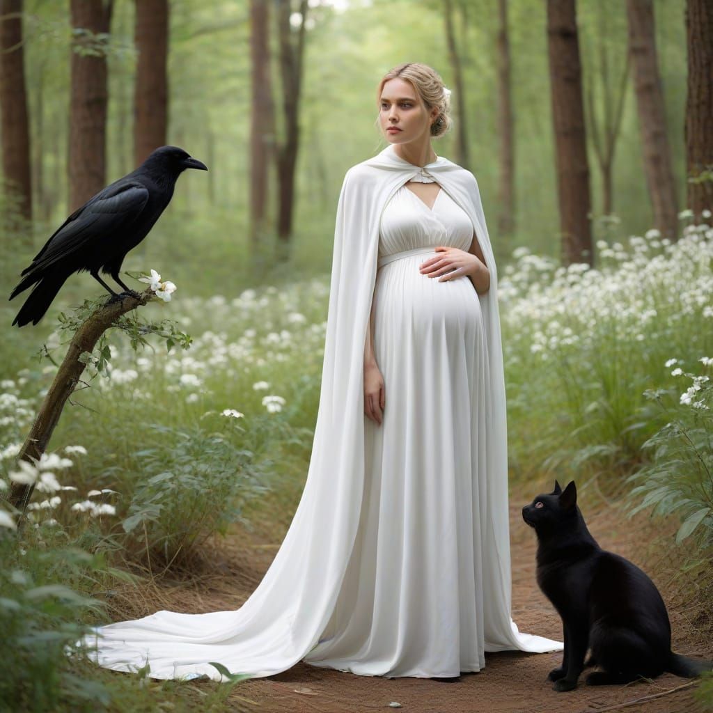Pregnant Woman in White Cape with Animals in Forest
