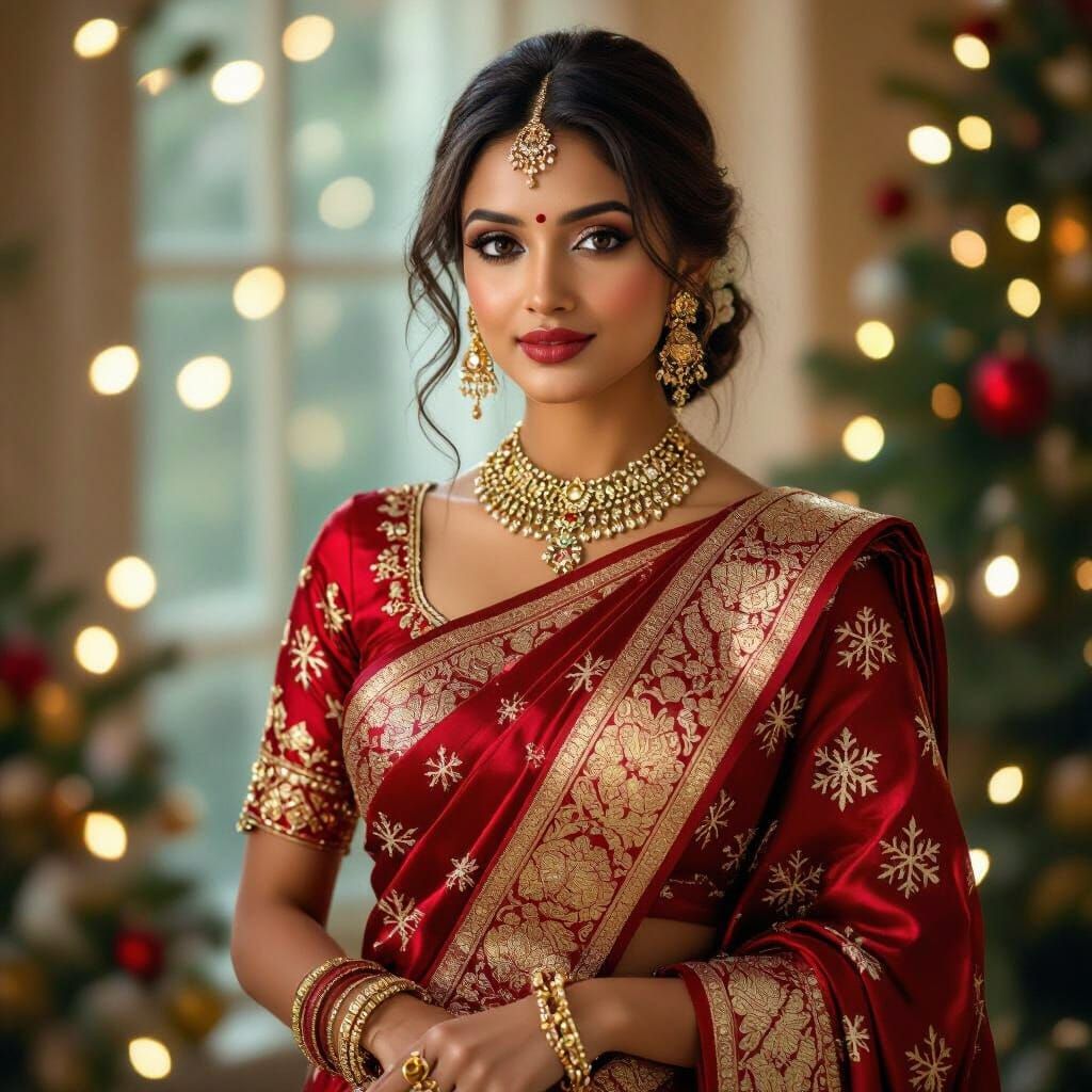 Elegant Indian Woman in Festive Christmas Saree