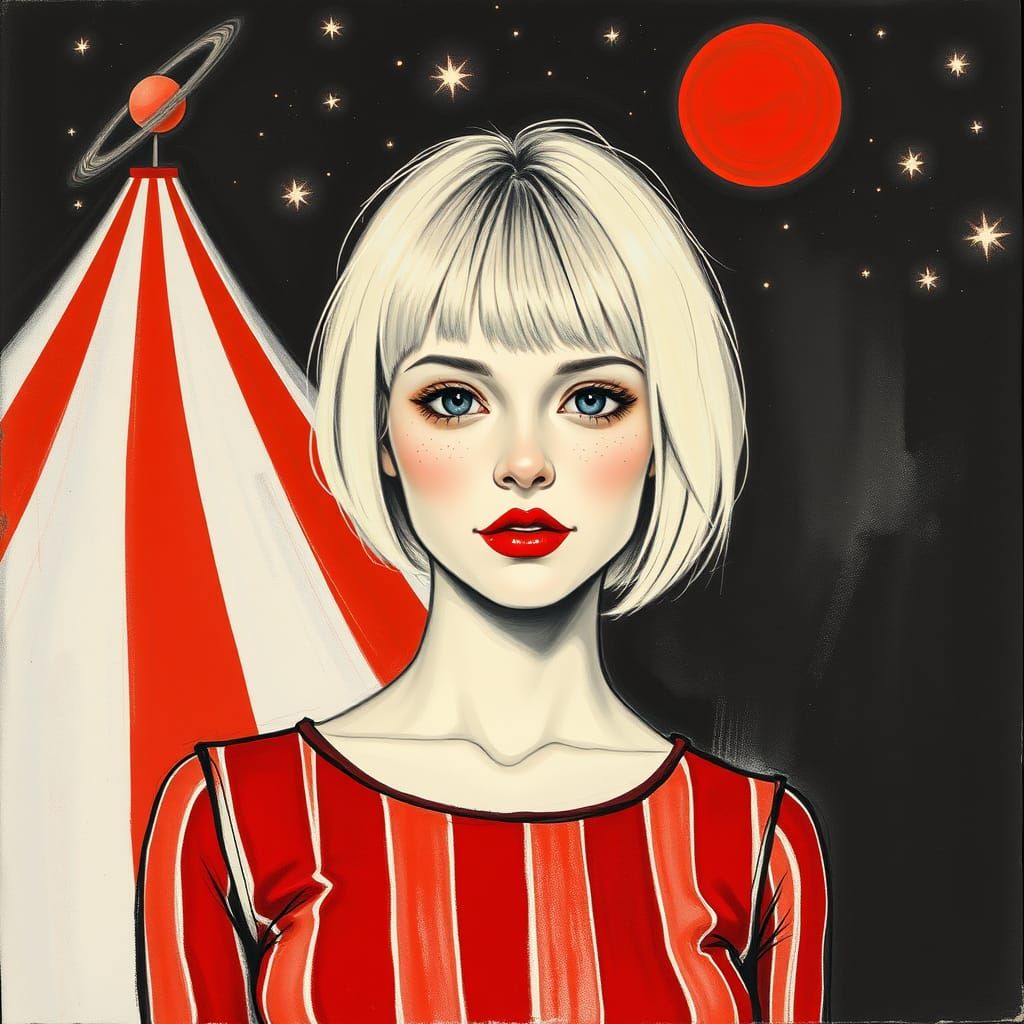 Charcoal Sketch of a Confident Woman in a Vibrant Night Sky