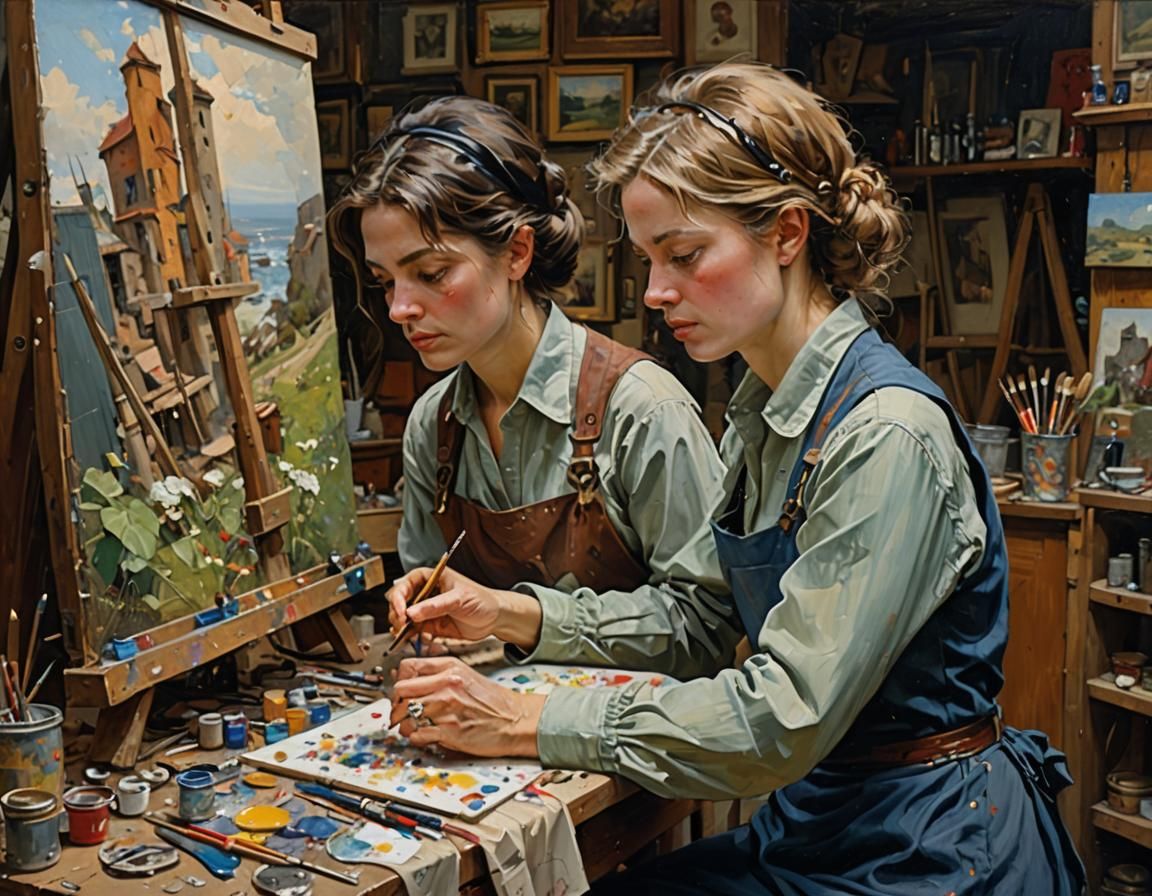 Female Artist Creating a Masterpiece: Oil Painting