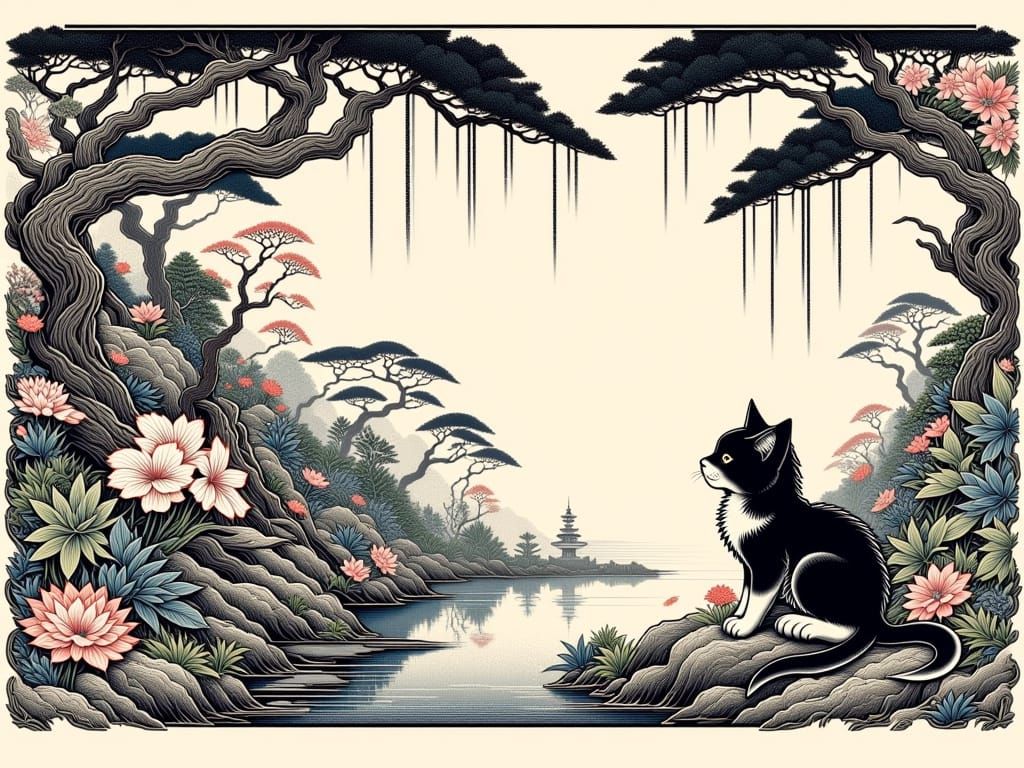 Ukiyo-e Sakura cat parchment