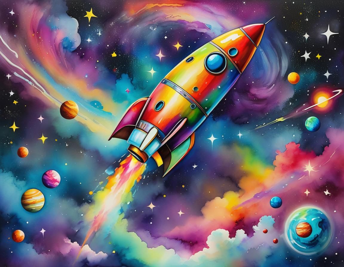 Imaginary rocketship with a very beautiful colourful glow juxtaposed with the planets in the background, stars and galax...