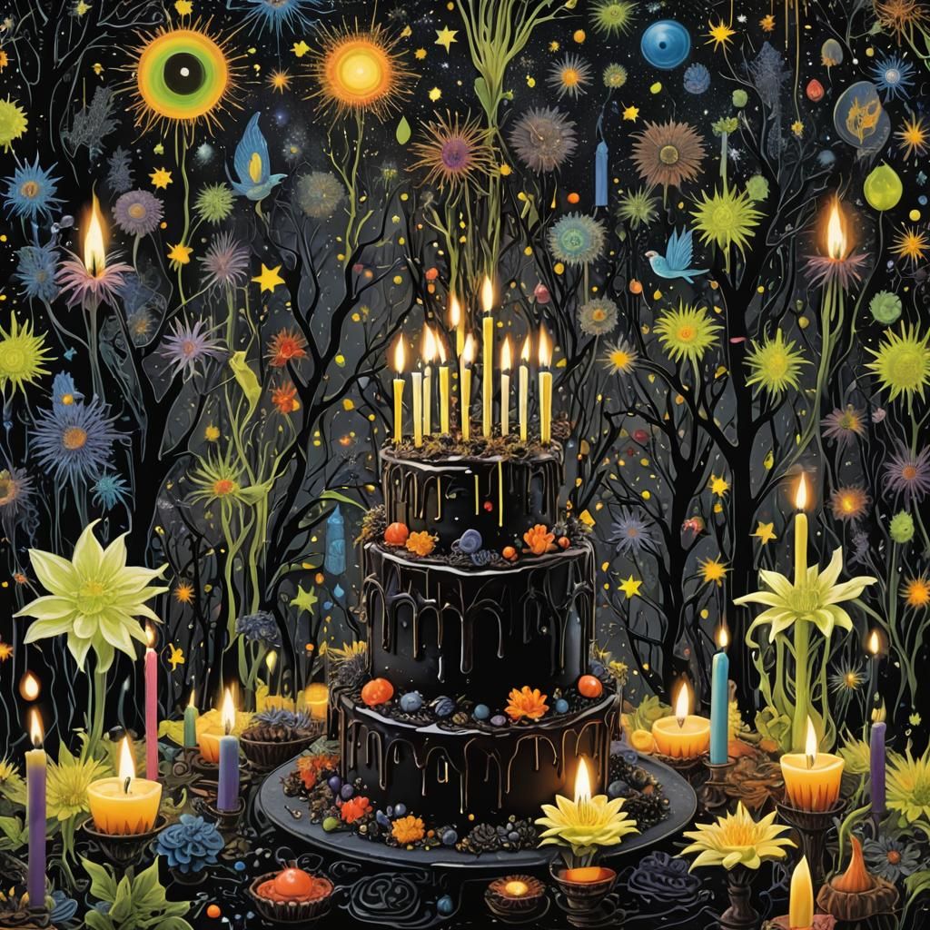 Surreal Birthday Cake in Alebrije Encaustic Style