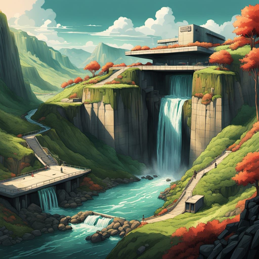 Bunker Building in Valley with Waterfalls: Digital Concept A...