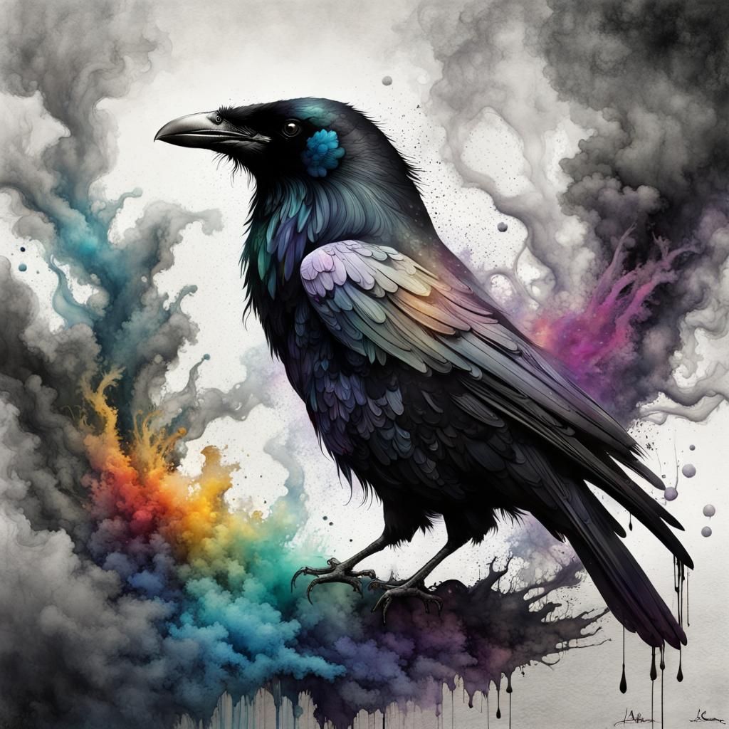 Iridescent Raven in Ink Maelstrom