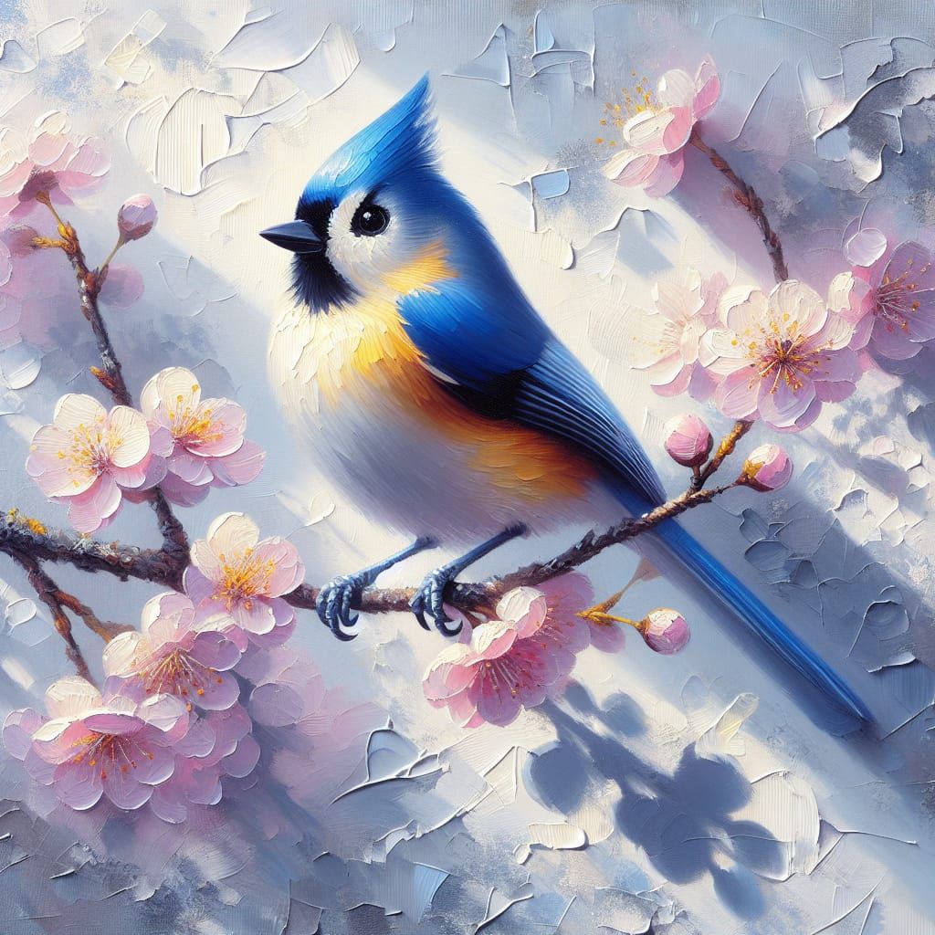 Tufted Titmouse on Cherry Blossom, Impasto Painting