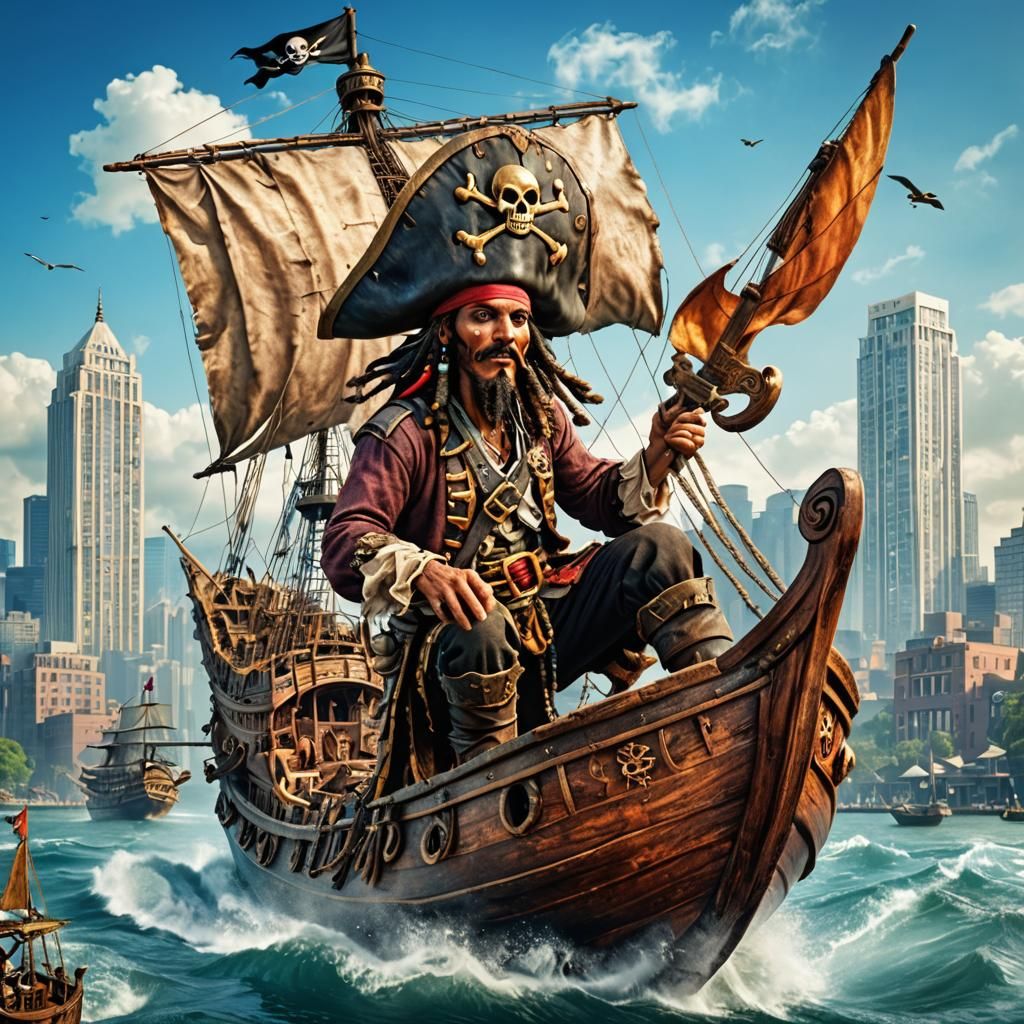 Pirate Ship Soaring Over Manhattan: Hyperrealistic Aerial Vi...