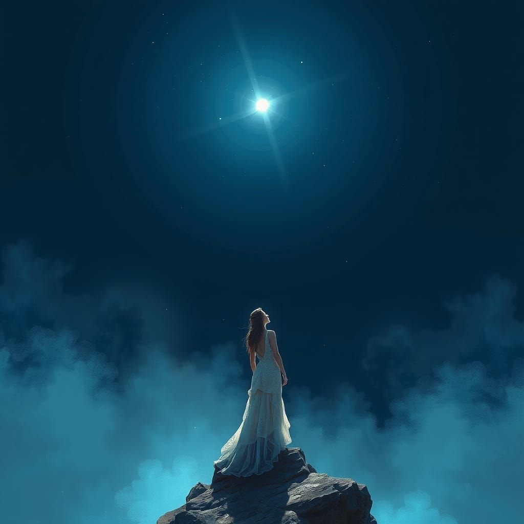 Ethereal Star-Gazing Woman in Dreamy, Surreal Landscape