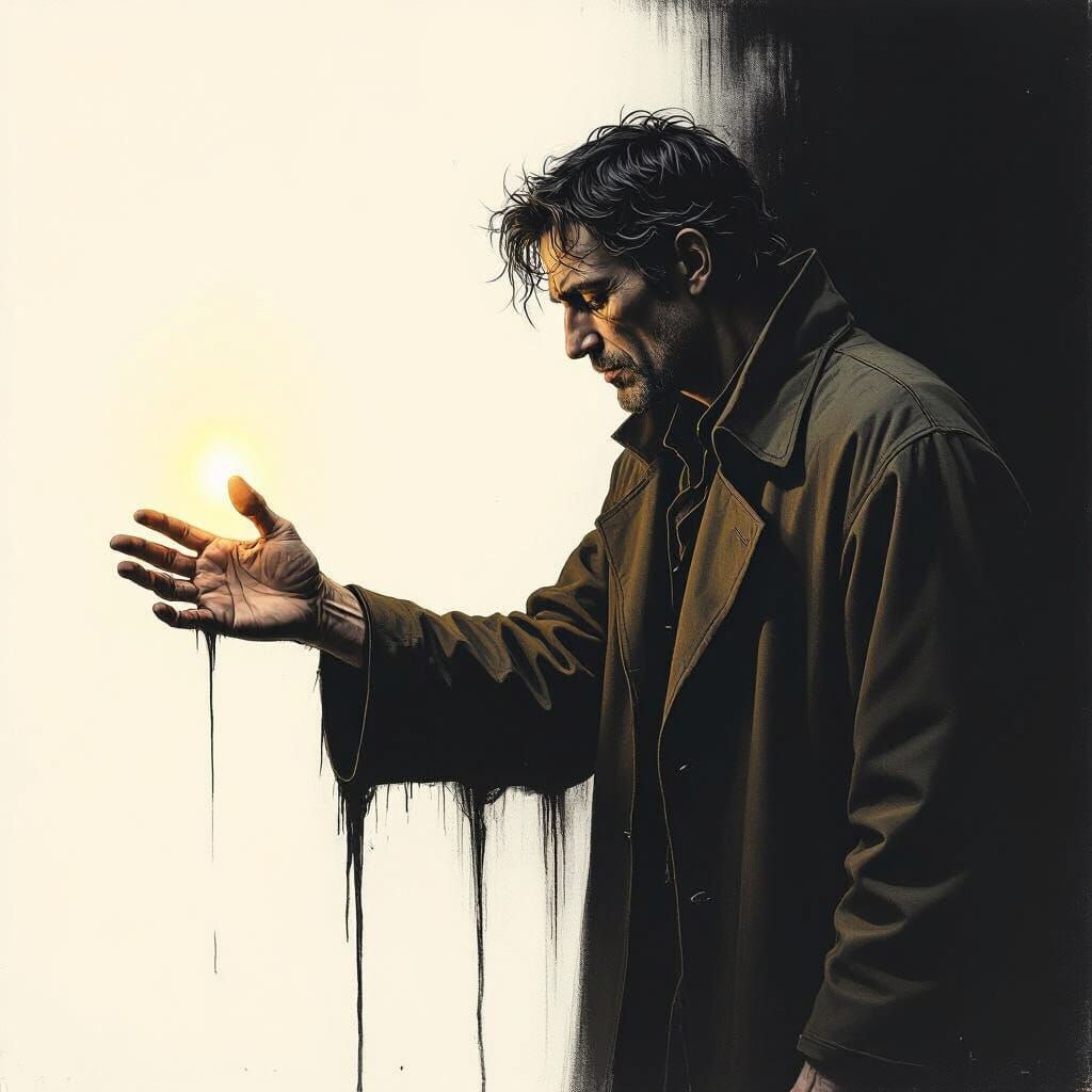 Man Reaching for Light in Dark, Expressive Art