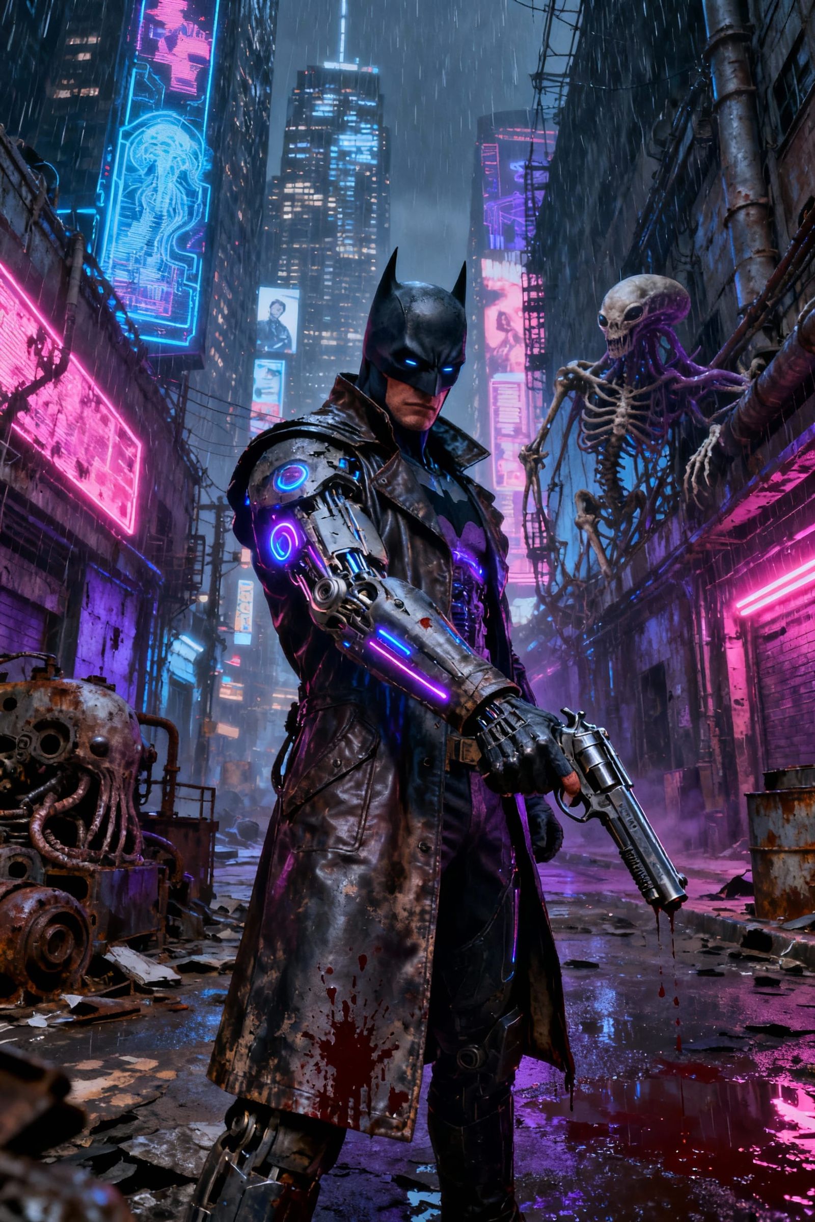 Dystopian Cyberpunk Neon Cityscape in Dark Knight Style